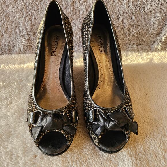 Sperry Top Sider Women's Tweed Peep Toe Slip On Wedge Heels Size 7.5M Multicolor - Picture 2 of 7